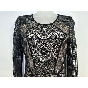 Stunning High Fashion Black Mesh Lace Overlay Nude Lined BodyCon Party Dress